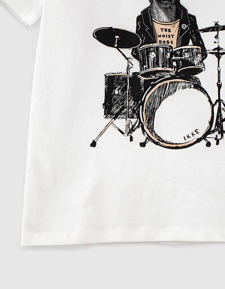 T-shirt blanc cassé bio à visuel chien-batteur garçon -4