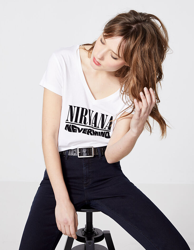 Weißes Damen-T-Shirt aus Baumwollmodal mit Nirvana-Motiv-1