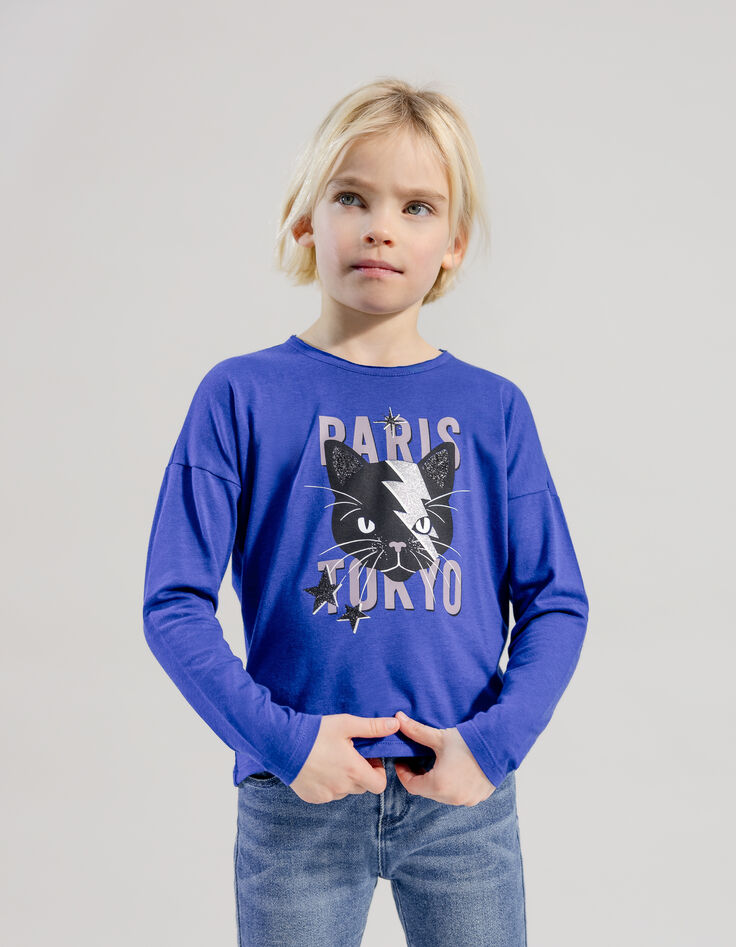Camiseta azul gato rayo niña-1