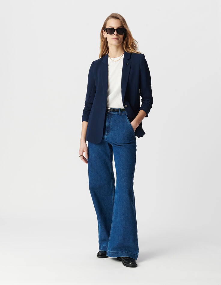 Mujer chaqueta de traje azul marino con manga 3/4 fruncida-2