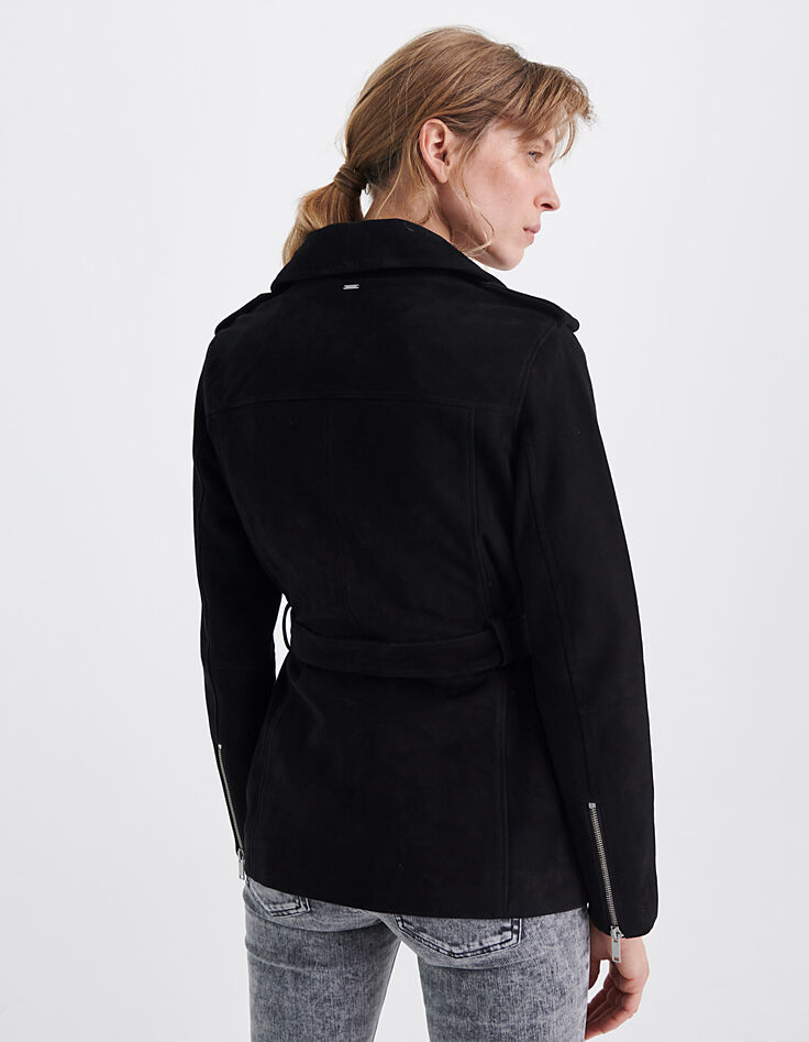 Blouson oversize long noir chèvre velours femme-2