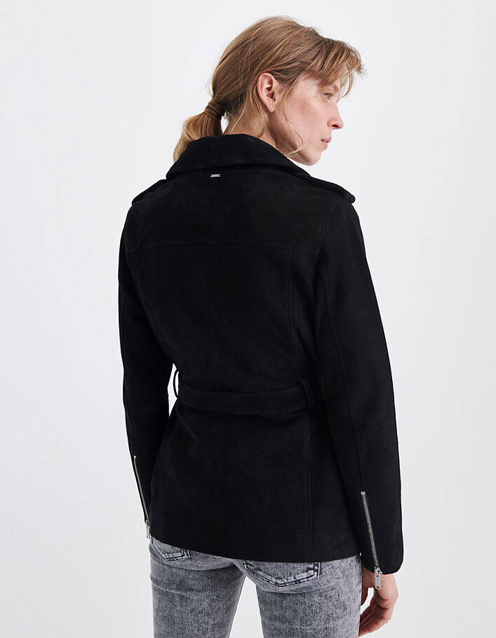 Women’s black goatskin suede oversize long biker jacket - IKKS