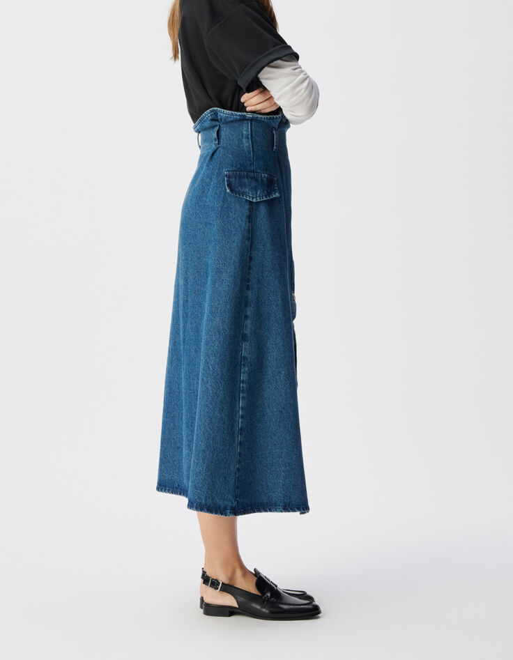 Jupe en jean bleu fendue taille haute asym&eacute;trique Femme-4