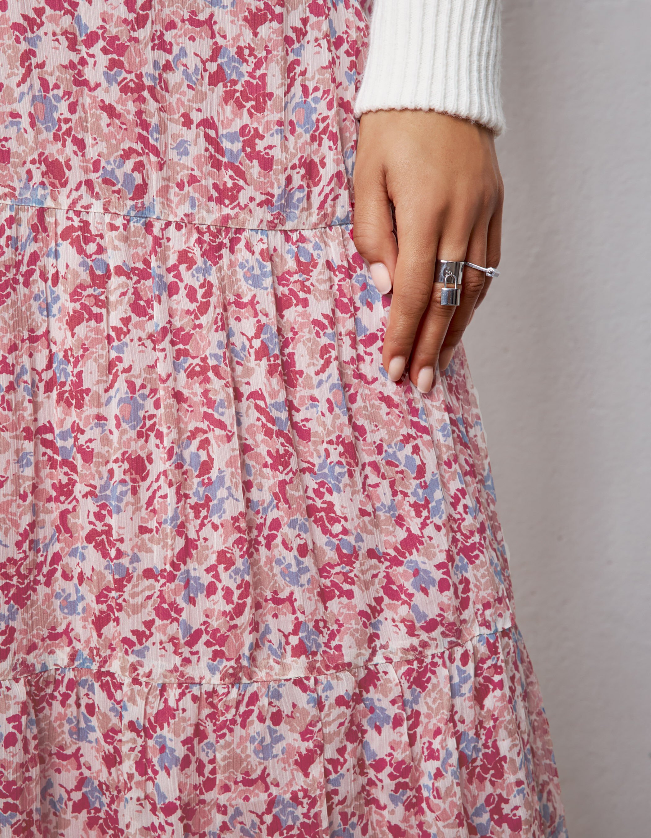 Jupe longue ample details volants imprime floral femme