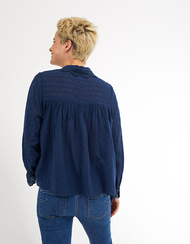 Marineblaues Hemd mit Spitze und Stickerei I.Code -3