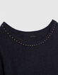 Robe tricot bleu marine en maille mousseuse détails bijoux encolure femme-2