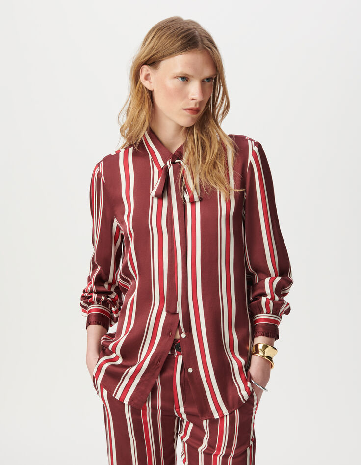 Women’s burgundy striped neck tie shirt-2