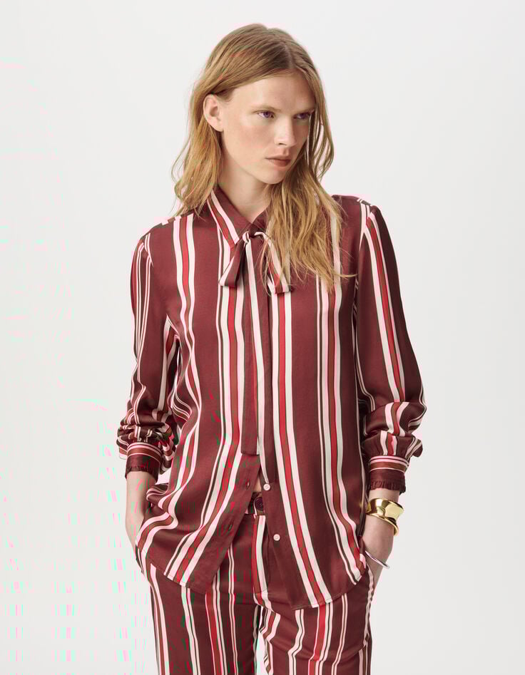 Women’s burgundy striped neck tie shirt-2 Women’s burgundy striped neck tie shirt-2