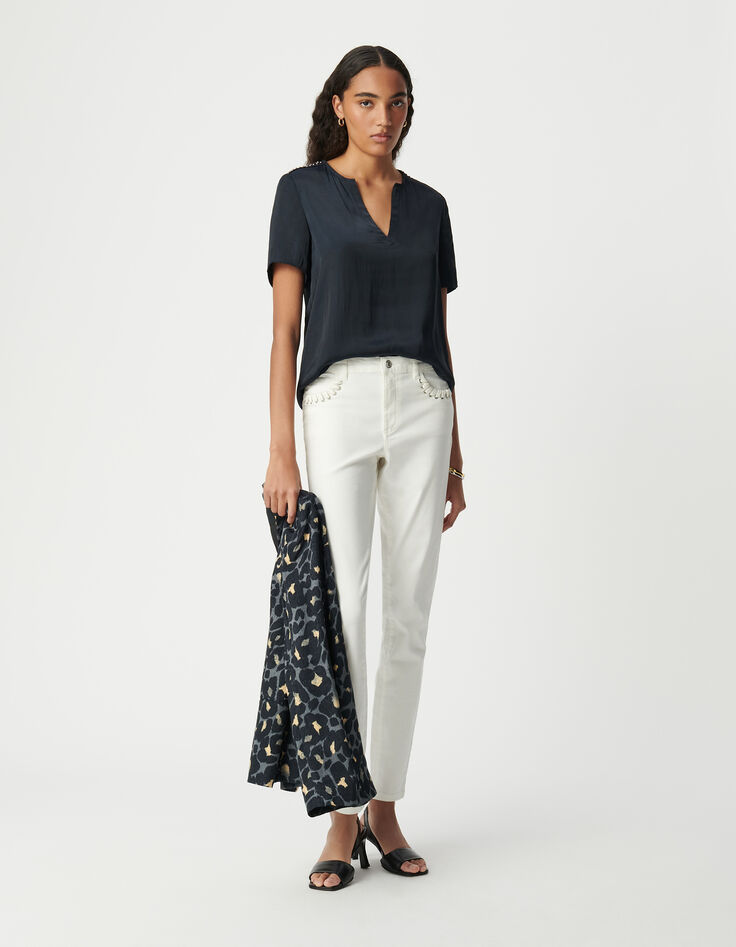 Top azul marino arrugado con hombros joya para mujer-2