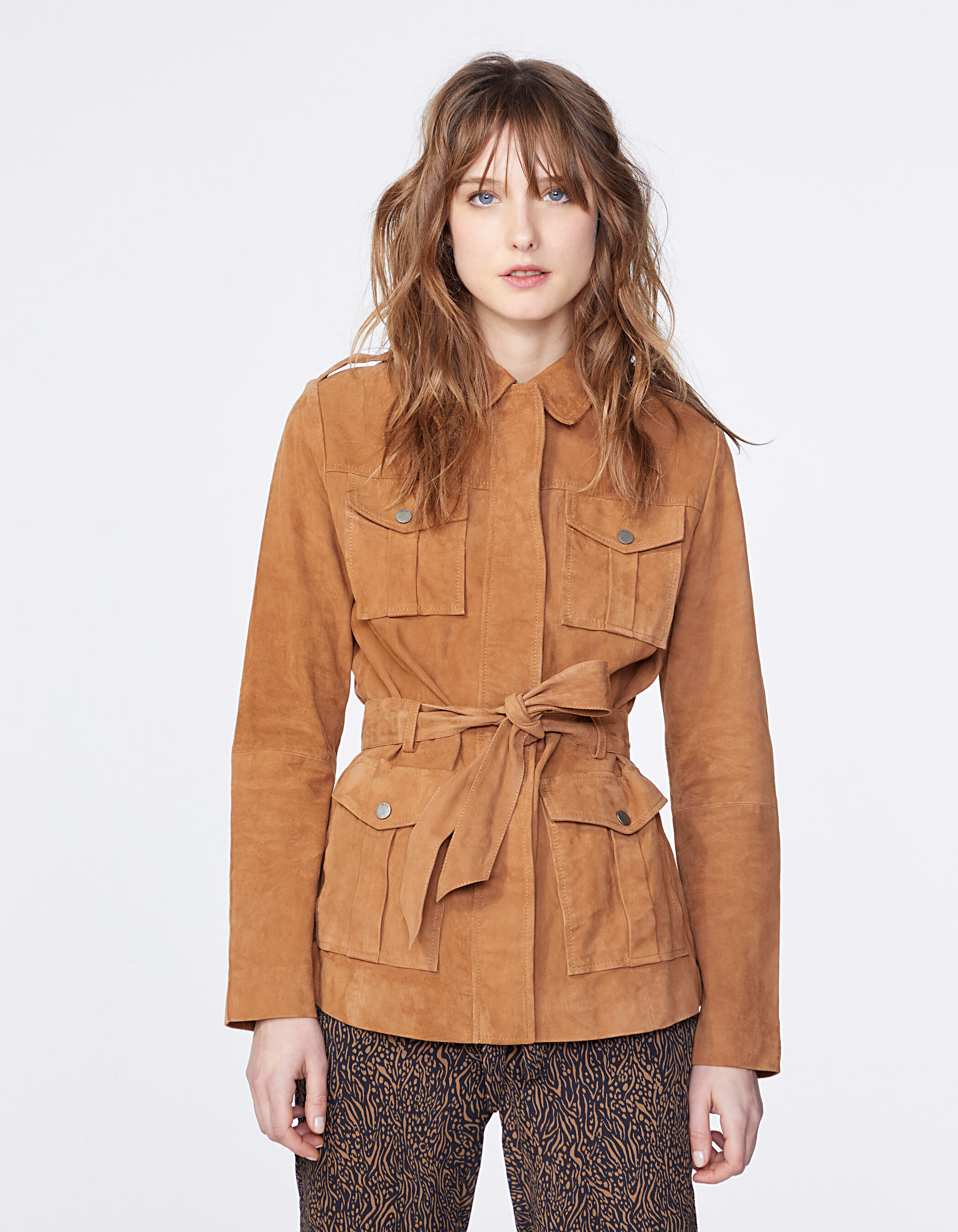 Veste saharienne mi longue en cuir de chevre femme