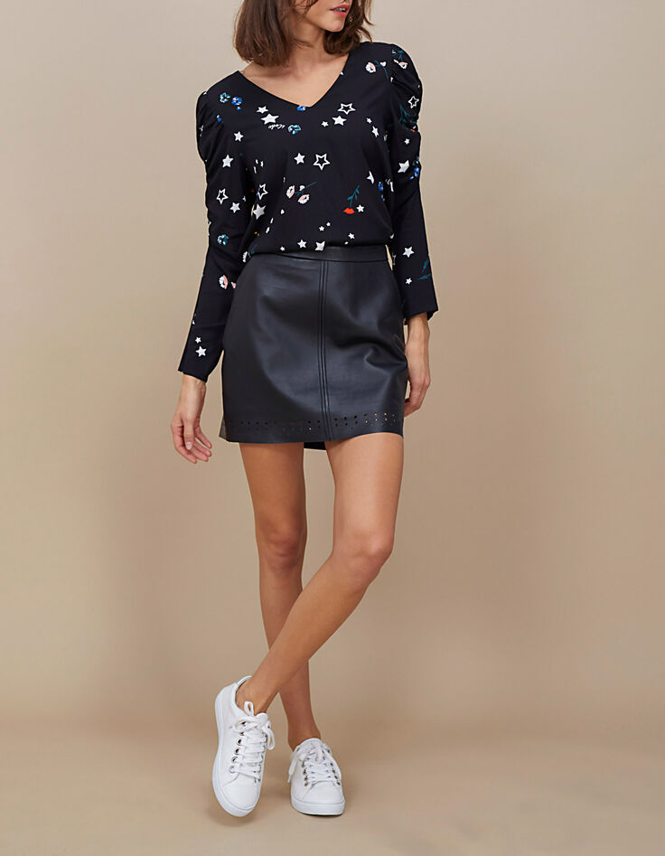 Schwarze Bluse mit Blumen-Sternen-Print I.Code-5