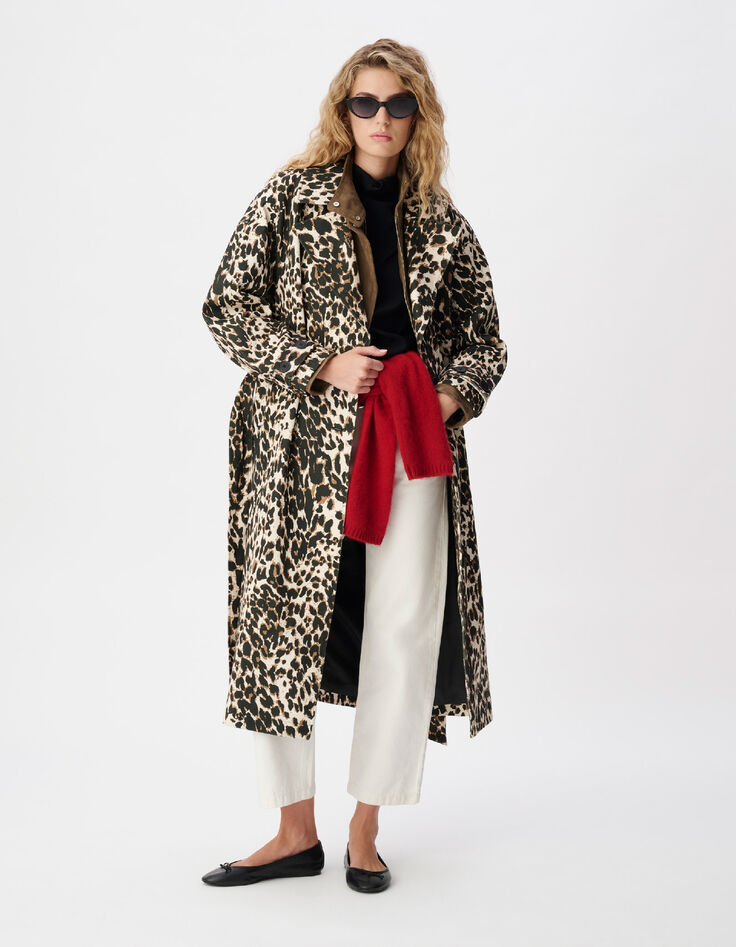 Trench long en jean marron &agrave; motif l&eacute;opard Femme-1