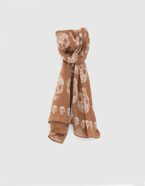 Women’s beige recycled polyester fine scarf with skulls