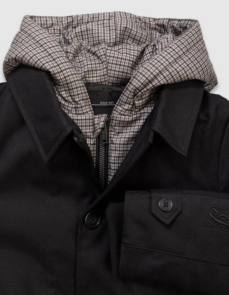 Boys’ black trench coat with check hood facing-2 Boys’ black trench coat with check hood facing-2