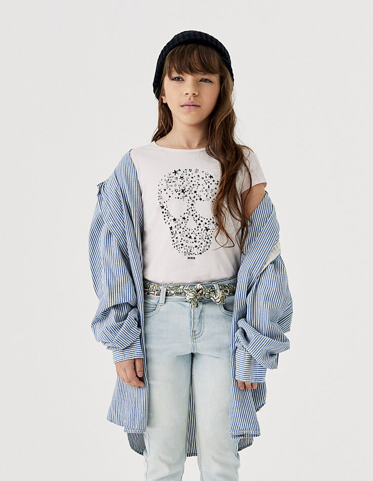 Hellrosa Mädchen-T-Shirt mit Totenkopfmotiv und Sternen-1 Hellrosa Mädchen-T-Shirt mit Totenkopfmotiv und Sternen-1
