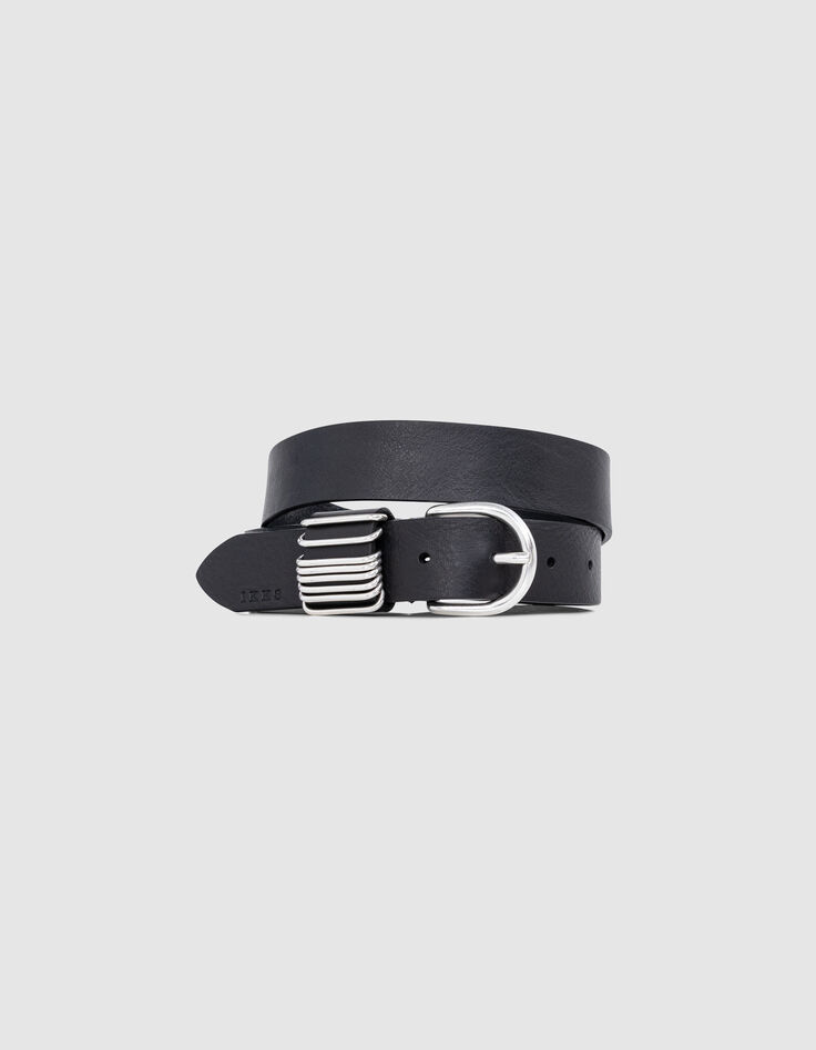 Black leather belt with metal rings Women-1