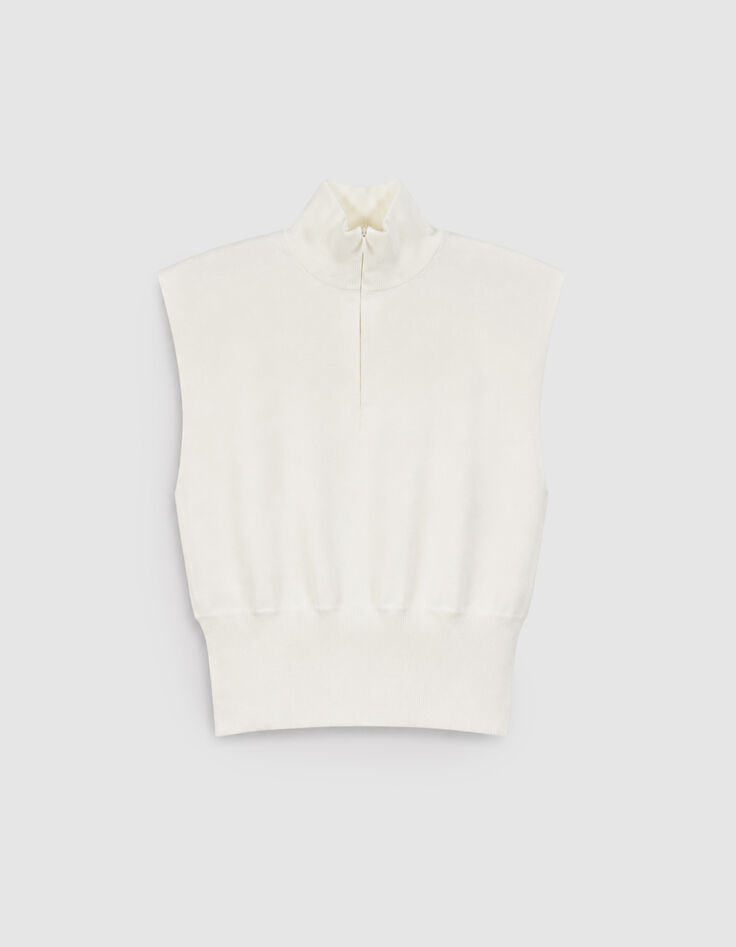 Pull sans manches blanc tricot col camionneur Femme-5