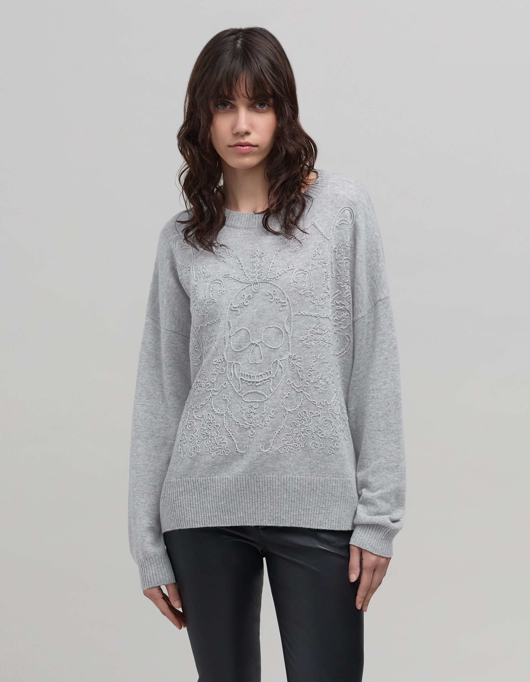 Pull gris tricot broderie tete de mort Femme IKKS
