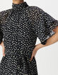 Women’s navy polka dot print long dress with draped collar-4