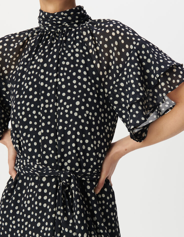 Women’s navy polka dot print long dress with draped collar-4