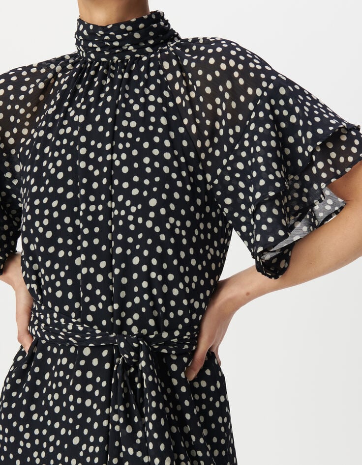 Robe longue marine imprimé pois col drapé Femme-4 Robe longue marine imprimé pois col drapé Femme-4