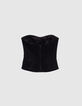 Schwarzer Damenbustier aus Jeansstoff mit Blumenstickerei-6