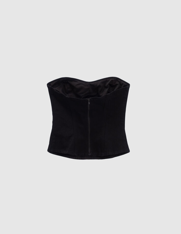 Schwarzer Damenbustier aus Jeansstoff mit Blumenstickerei-6