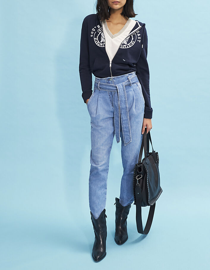 Wijde blauwe jeans hoge taille cropped lengte dames-2