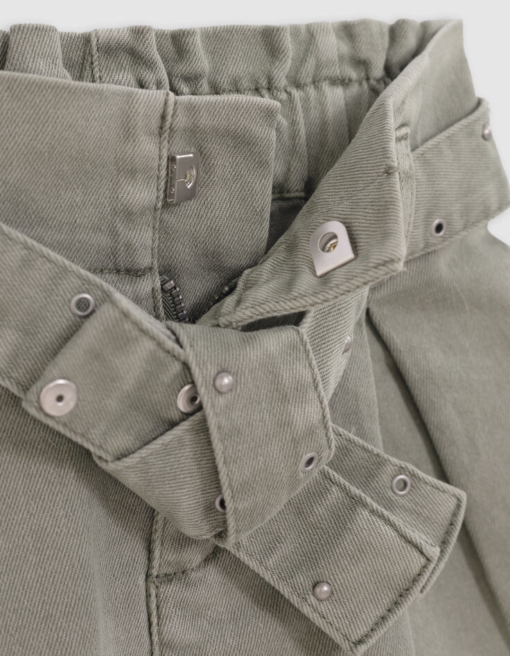 Short en jean kaki ceinture clous et oeillets fille-7