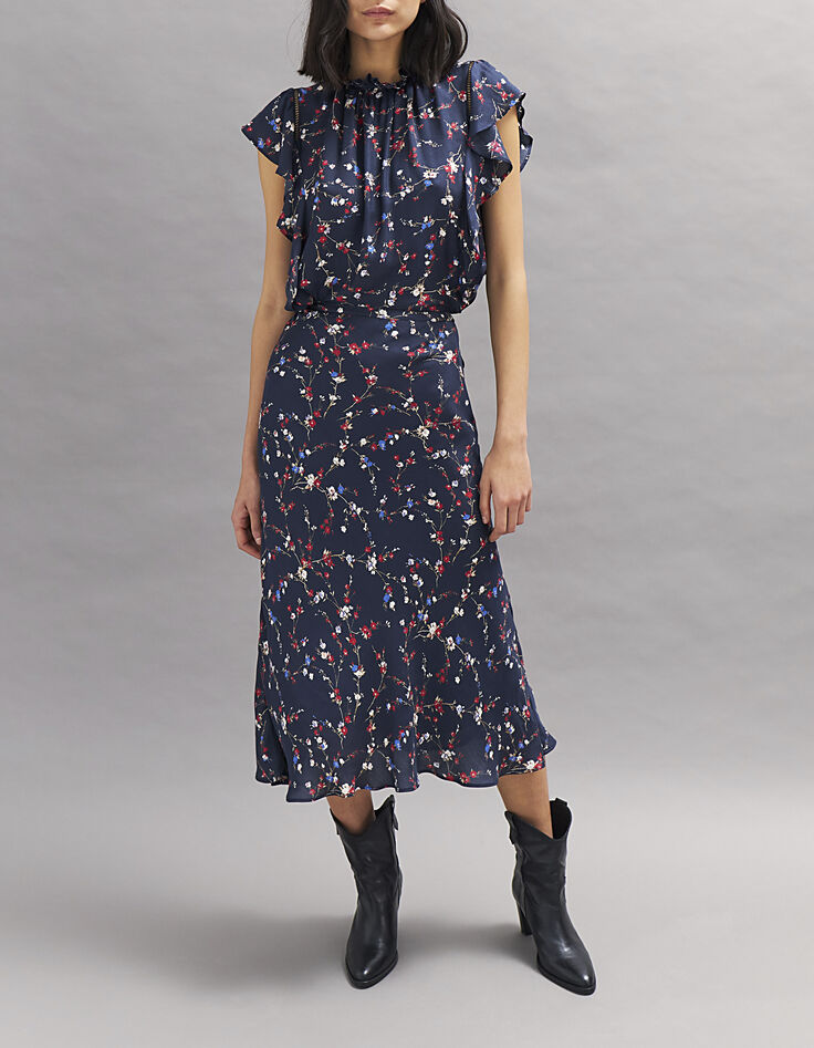 Falda midi viscosa seda flores cerezo mujer-3