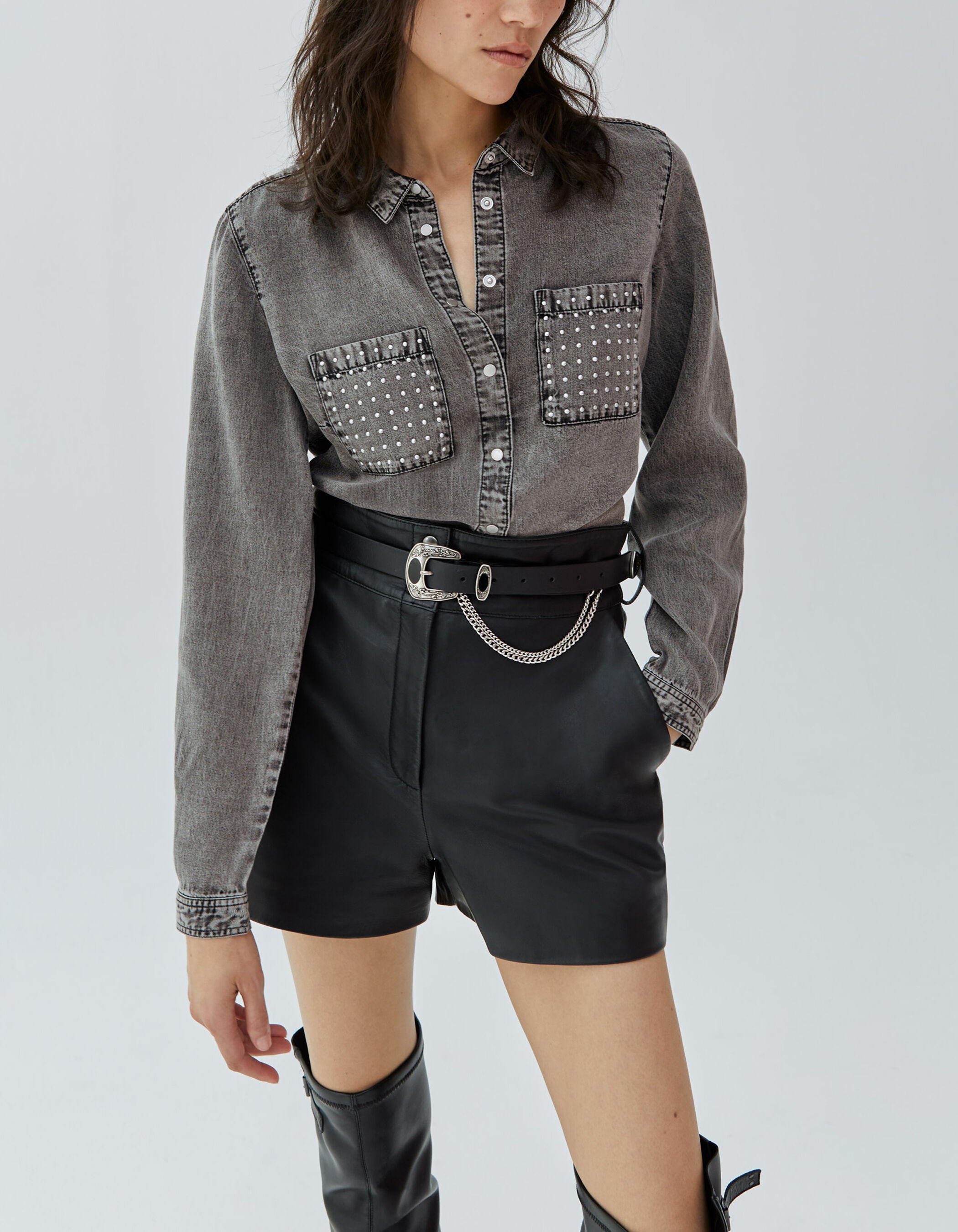 Chemise grise en Lyocell poches cloutees Femme IKKS