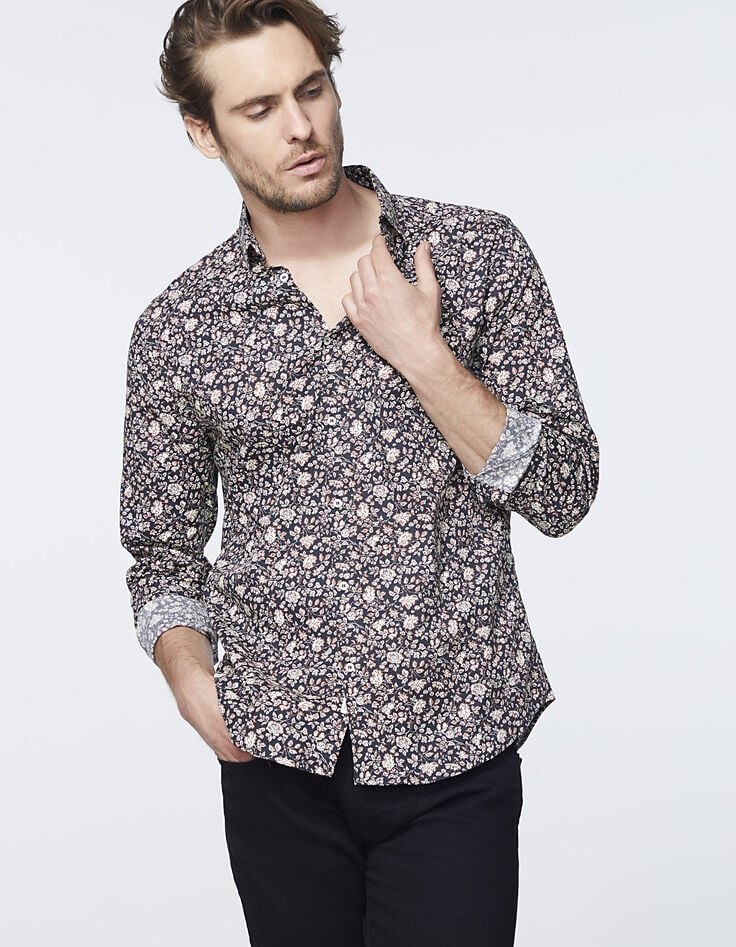 Chemise SLIM noire imprimé fleurs Homme-3
