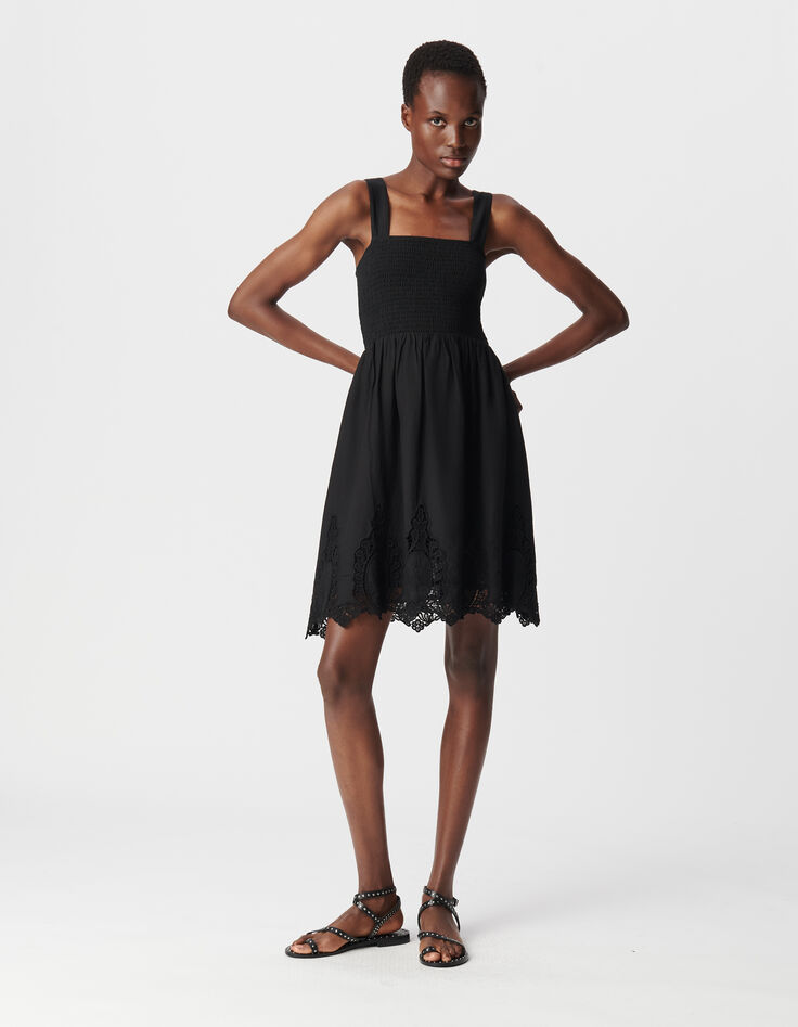 Robe noire smockée borderie dentelle Femme-2