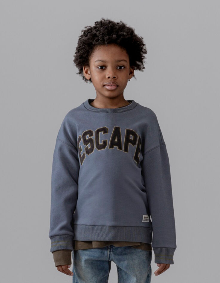 Boys’ blue sweatshirt, corduroy embroidered slogan-1 Boys’ blue sweatshirt, corduroy embroidered slogan-1