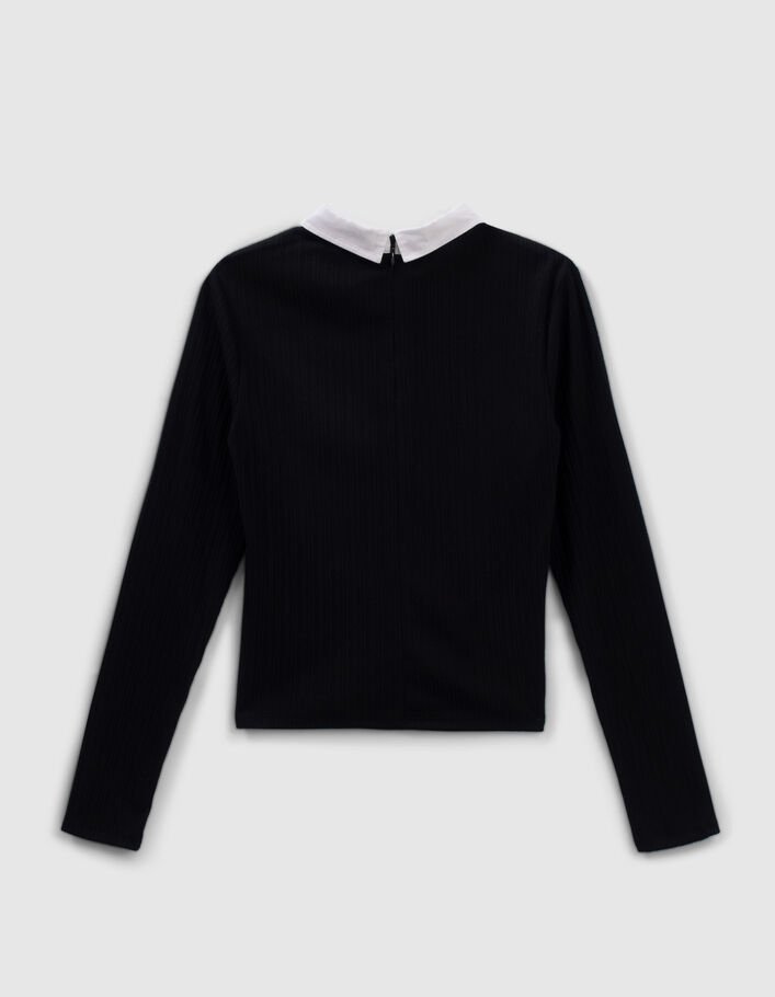 Girls’ black ribbed shirt collar T-shirt-4