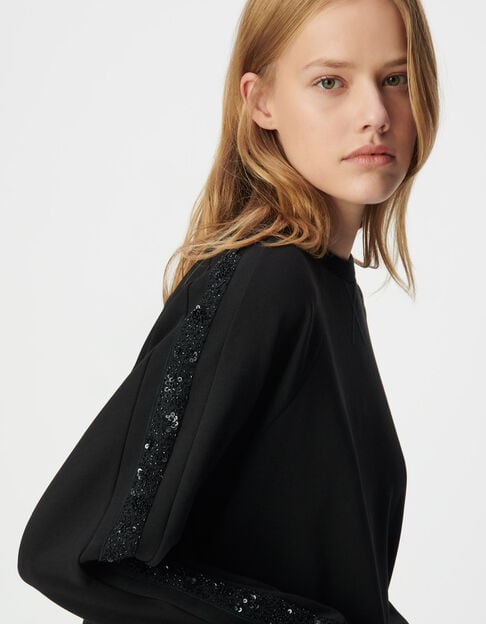 Zwarte oversized sweater geborduurde stroken mouwen Dames - IKKS