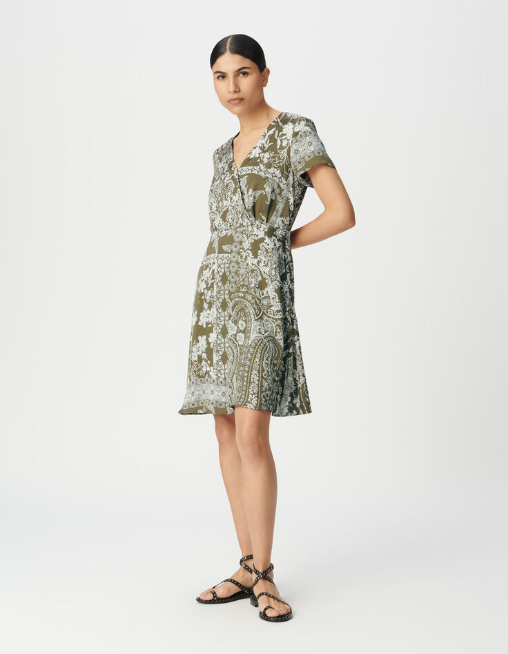 Robe fluide kaki imprimé foulard Femme-1