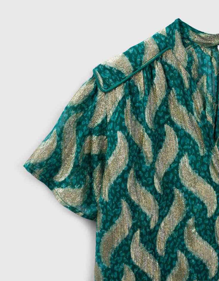 Smaragdgroene top goudkleurige bladprint Dames-2