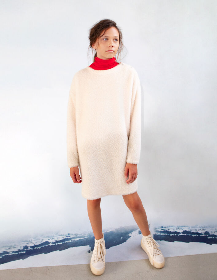 Cremeweißes Mädchenflauschstrickkleid-2
