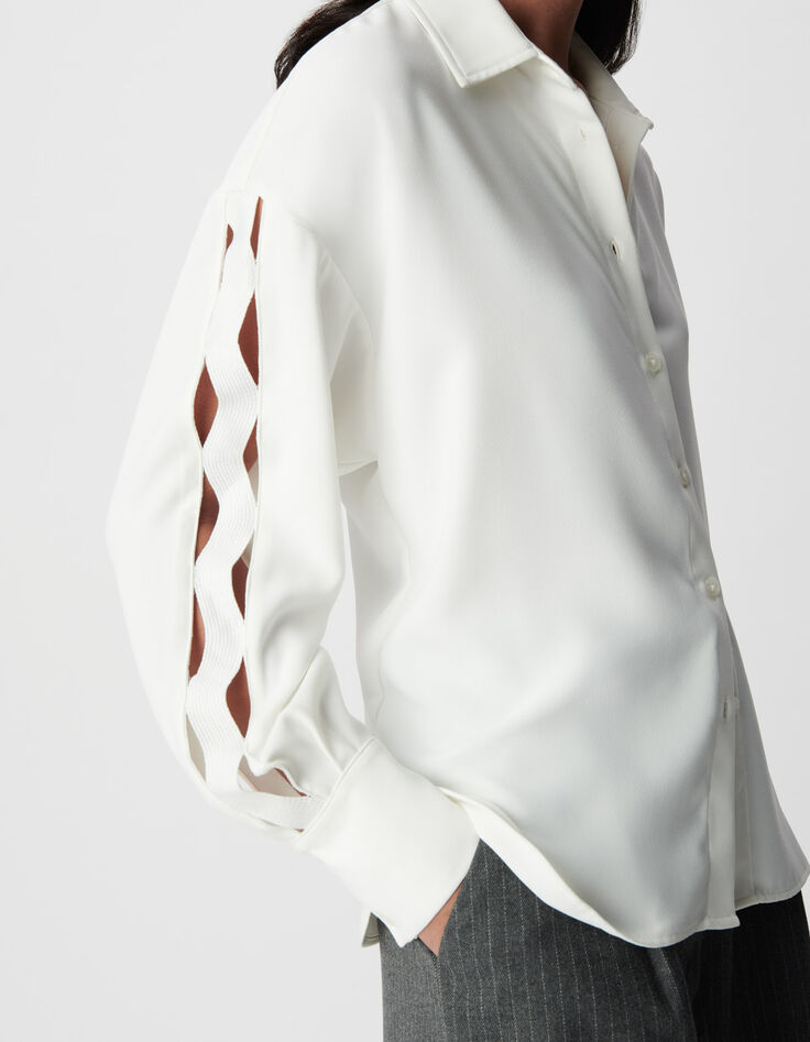 Women's long-sleeved white openwork shirt-5