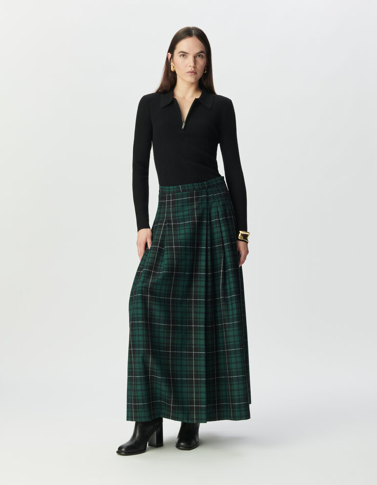 Pull noir tricot 100% laine col polo zippé Femme-1