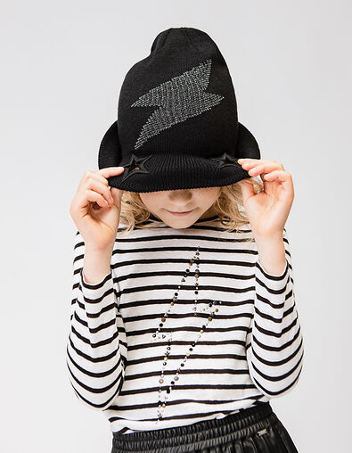 Tee-shirt marini&egrave;re &eacute;cru et noir &agrave; &eacute;clair-clous fille - IKKS