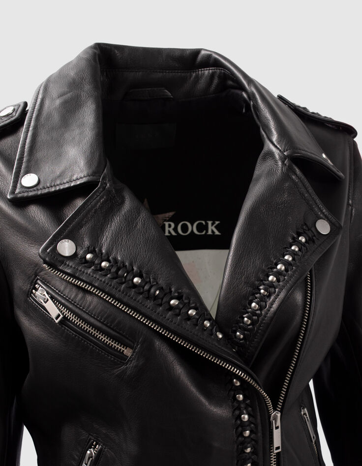 Women's black woven leather biker-style jacket with beads-8