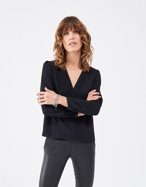 Women’s black crepe peplum blouse, horizontal pleat collar