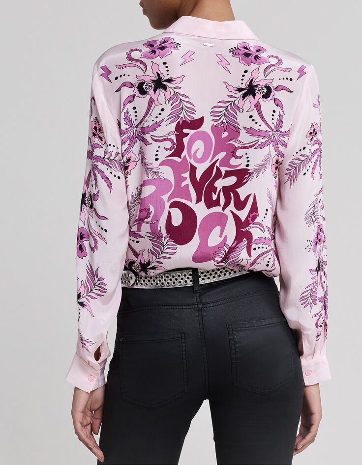 Chemise rose imprim&eacute; fleurs et palmiers Femme-2