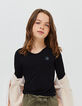 Girls’ black button-neck T-shirt + white lettering on back-1