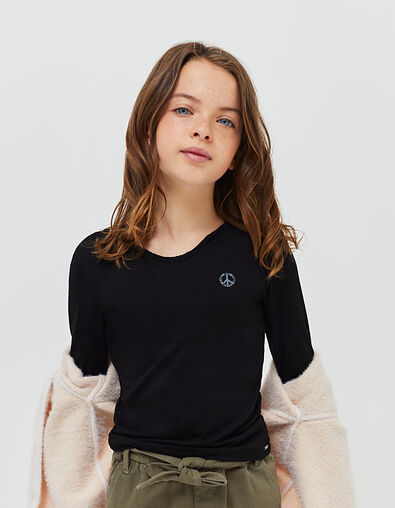 Girls’ black button-neck T-shirt + white lettering on back - IKKS