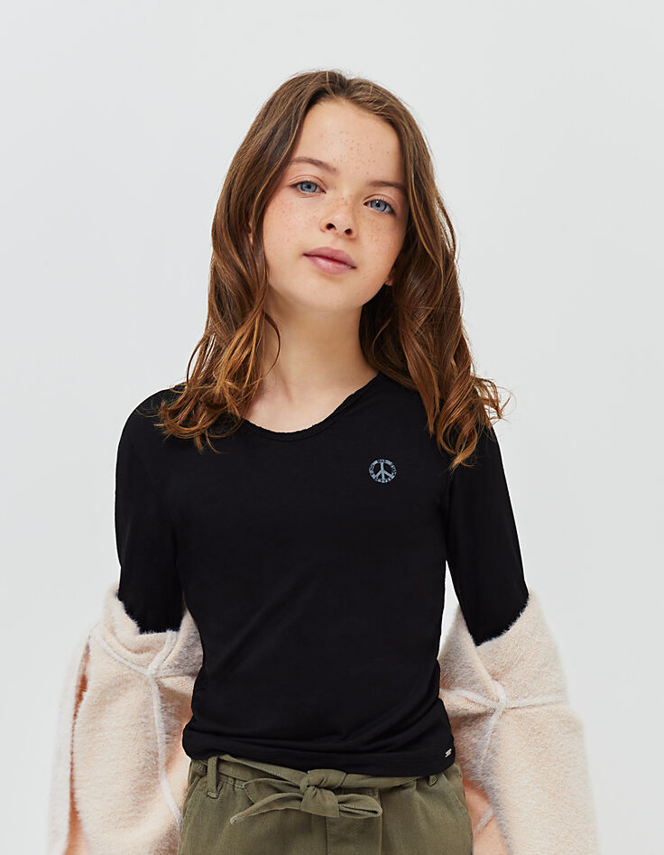 Girls’ black button-neck T-shirt + white lettering on back-1 Girls’ black button-neck T-shirt + white lettering on back-1