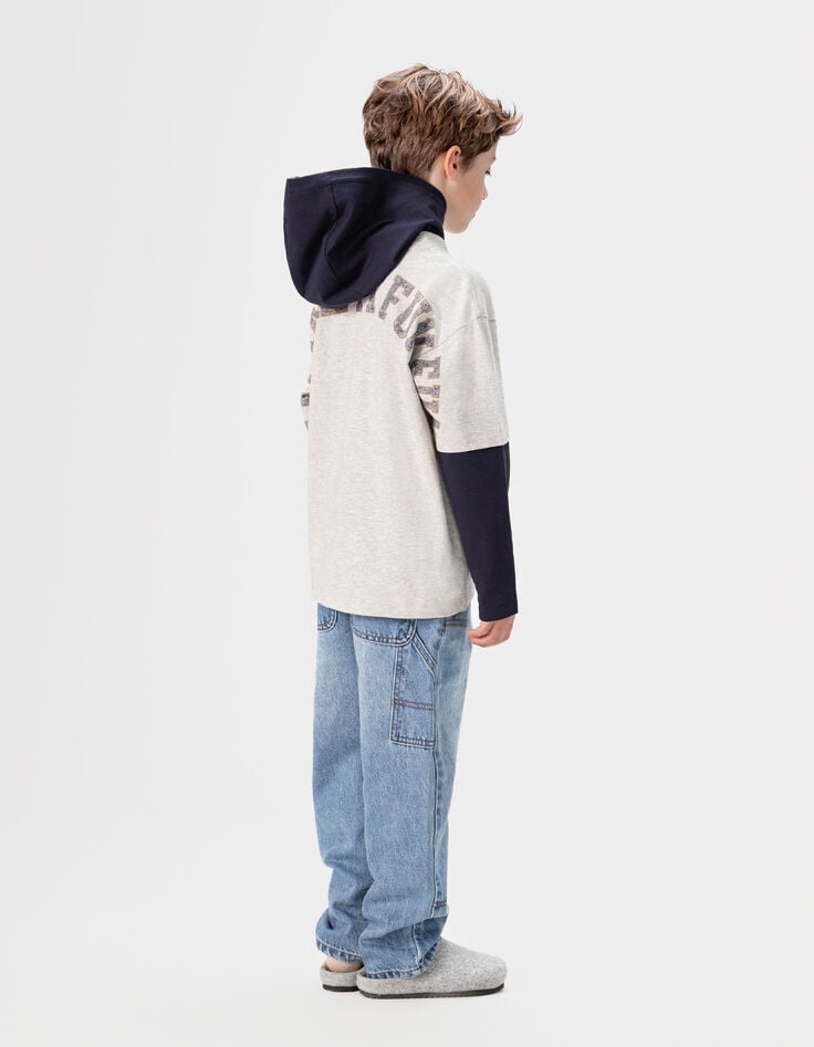 Grijs T-shirt biokatoen trompe l'oeil mouwen jongens-4