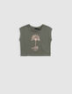 Khaki Mädchen-T-Shirt, Biobaumwolle, Palmen-Tiger, kupfer-2